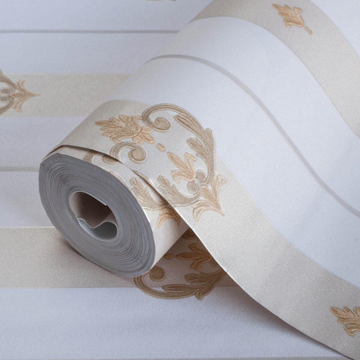 Striped wallpaper with neoclassical discreet ornament Cream Code 7804-1 - Image 1