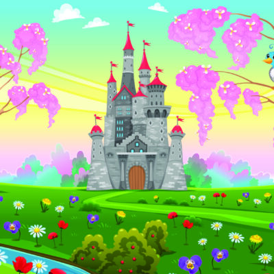 Fairytale Scenery Kids, VINYL FABRIC TEXTILE Wall Mural in Different Texture, Code M1033. It is produced as ONE PIECE WITHOUT JOINT.