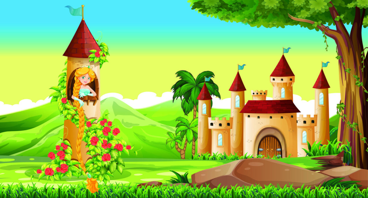 Cartoon Castle Kids, VINYL FABRIC TEXTILE Wall Mural in Different Texture, Code M1035. It is produced as ONE PIECE WITHOUT JOINT. - Image 1