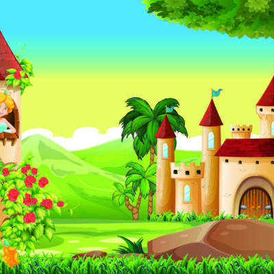 Cartoon Castle Kids, VINYL FABRIC TEXTILE Wall Mural in Different Texture, Code M1035. It is produced as ONE PIECE WITHOUT JOINT.
