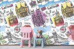 City Map Kids, VINYL FABRIC TEXTILE Wall Mural in Different Texture, Code M1036. It is produced as ONE PIECE WITHOUT JOINT. - Image 2