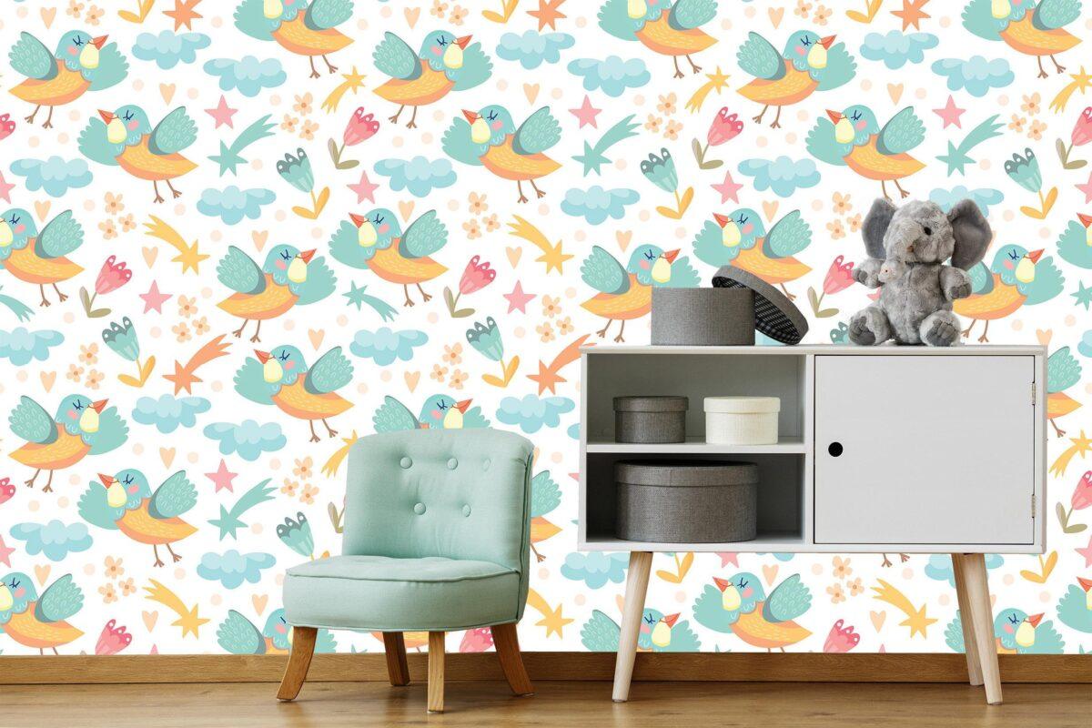 Happy Birds Kids, VINYL FABRIC TEXTILE Wall Mural in Different Texture, Code M1037. It is produced as ONE PIECE WITHOUT JOINT. - Image 2