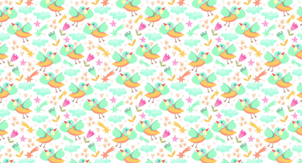 Happy Birds Kids, VINYL FABRIC TEXTILE Wall Mural in Different Texture, Code M1037. It is produced as ONE PIECE WITHOUT JOINT. - Image 1