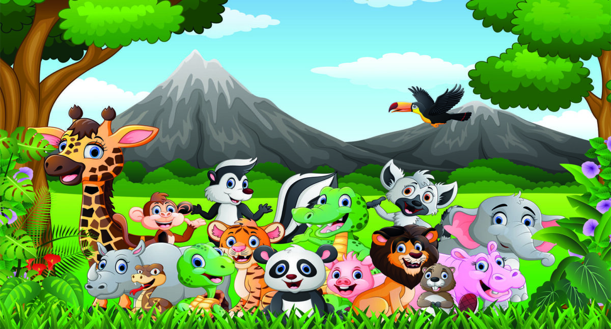 Wild Jungle Kids, VINYL FABRIC TEXTILE Wall Mural in Different Texture, Code M1041. It is produced as ONE PIECE WITHOUT JOINT. - Image 1