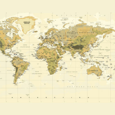 World Map MURAL WALLPAPER, Available in Various Paper Texture, Code M903. It is Produced as 105 CM WIDE ROLL PANELS.