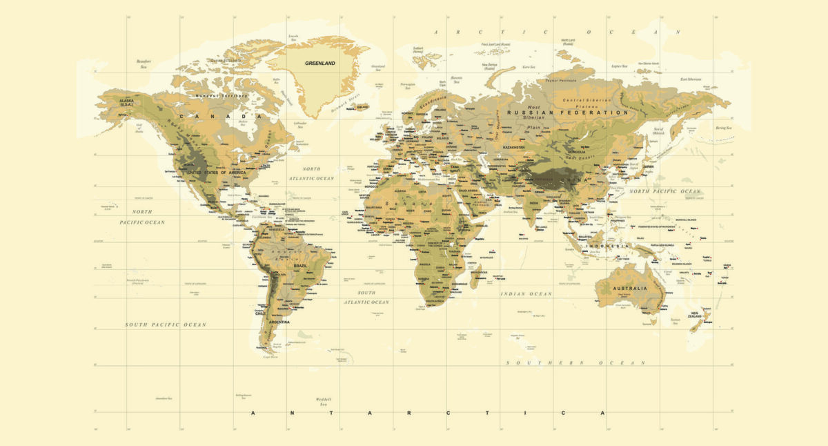 World Map, VINYL FABRIC TEXTILE Wall Mural in Different Texture, Code M903. It is produced as ONE PIECE WITHOUT JOINT. - Image 1