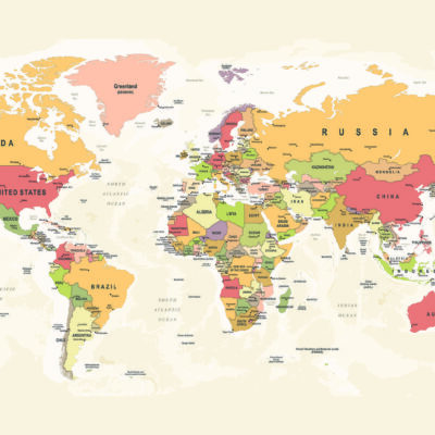 World Map MURAL WALLPAPER, Available in Various Paper Texture, Code M904. It is Produced as 105 CM WIDE ROLL PANELS.