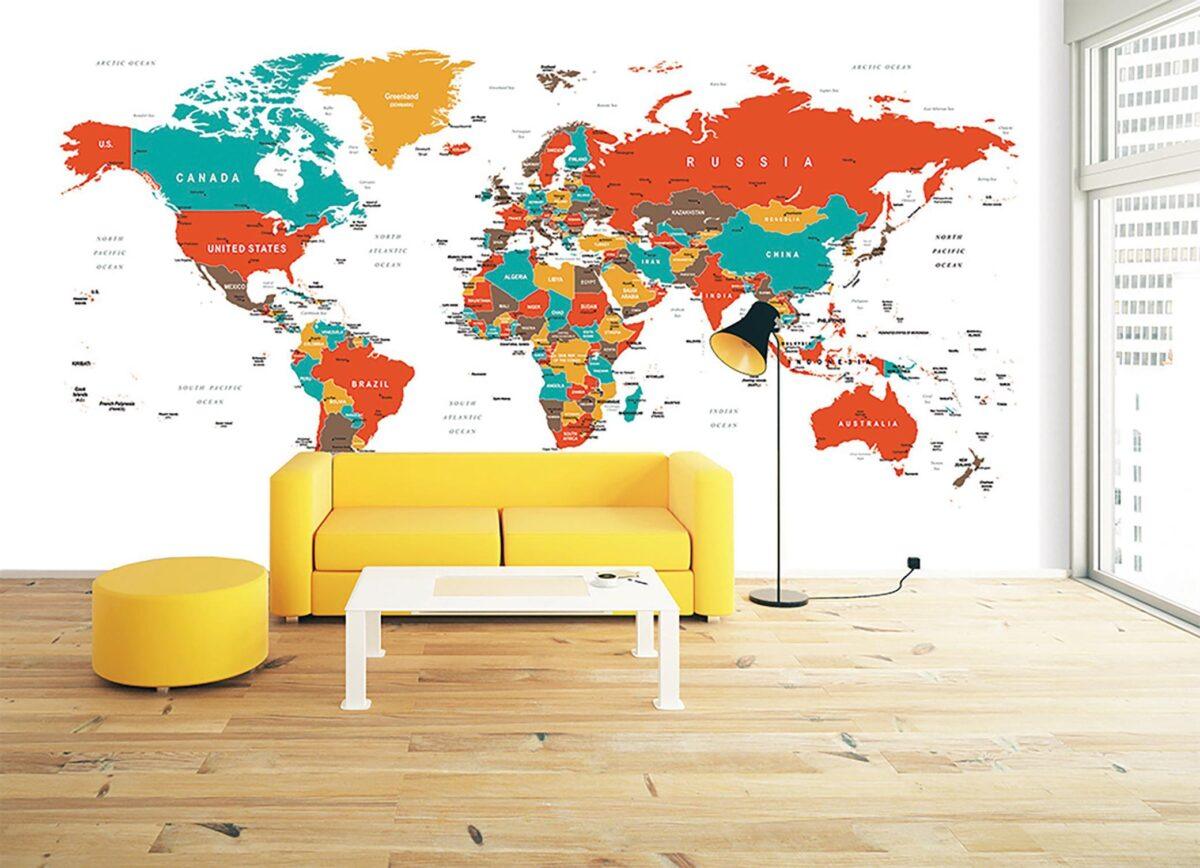 World Map, VINYL FABRIC TEXTILE Wall Mural in Different Texture, Code M905. It is produced as ONE PIECE WITHOUT JOINT. - Image 2