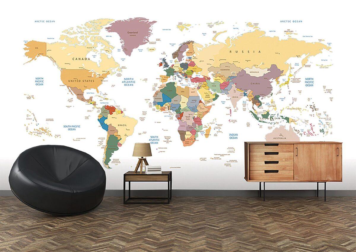 World Map, VINYL FABRIC TEXTILE Wall Mural in Different Texture, Code M908. It is produced as ONE PIECE WITHOUT JOINT. - Image 2