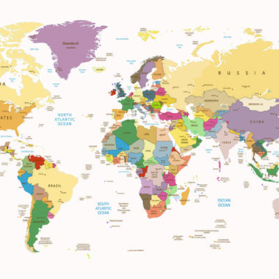 World Map, VINYL FABRIC TEXTILE Wall Mural in Different Texture, Code M908. It is produced as ONE PIECE WITHOUT JOINT.