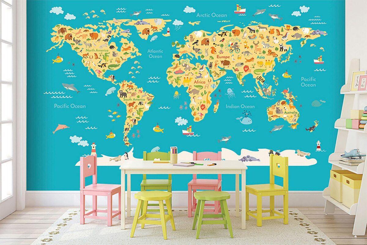 School Map Kids, VINYL FABRIC TEXTILE Wall Mural in Different Texture, Code M938. It is produced as ONE PIECE WITHOUT JOINT. - Image 2