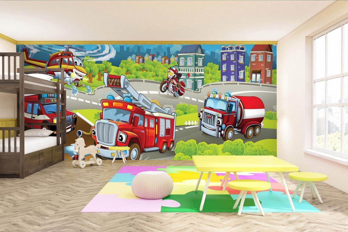 Firefighter Kids, VINYL FABRIC TEXTILE Wall Mural in Different Texture, Code M958. It is produced as ONE PIECE WITHOUT JOINT. - Image 2