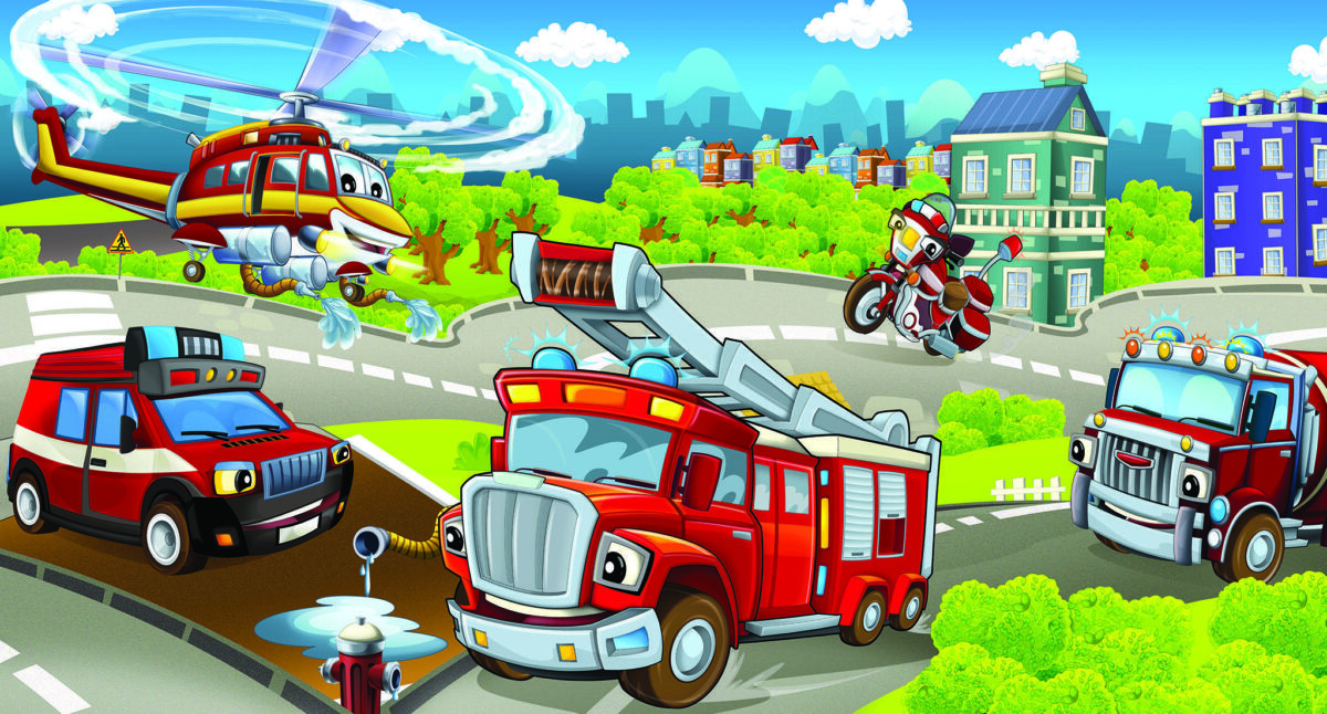 Firefighter Kids, VINYL FABRIC TEXTILE Wall Mural in Different Texture, Code M958. It is produced as ONE PIECE WITHOUT JOINT. - Image 1