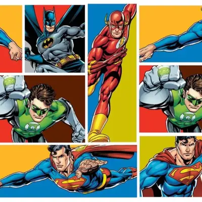 JUSTICE LEAGUE VINYL FABRIC TEXTILE Wall Mural in Different Texture, Code WB2041. It is produced as ONE PIECE WITHOUT JOINT.