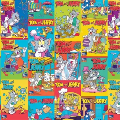 TOM AND JERRY, VINYL FABRIC TEXTILE Wall Mural in Different Texture, Code WB2088. It is produced as ONE PIECE WITHOUT JOINT.