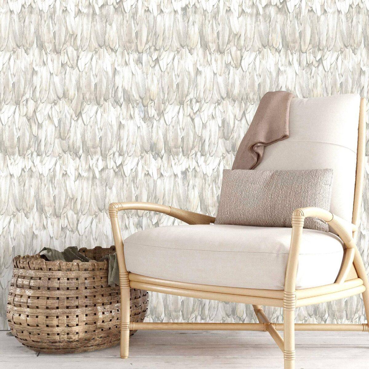 Modern Bird Feather Patterned Wallpaper Beige Code 9913-2 - Image 2