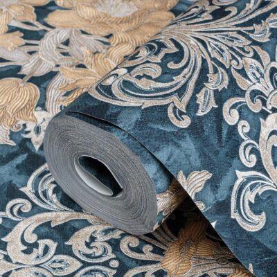 Floral detailed Rococo damask pattern wallpaper Green Code 7805-4