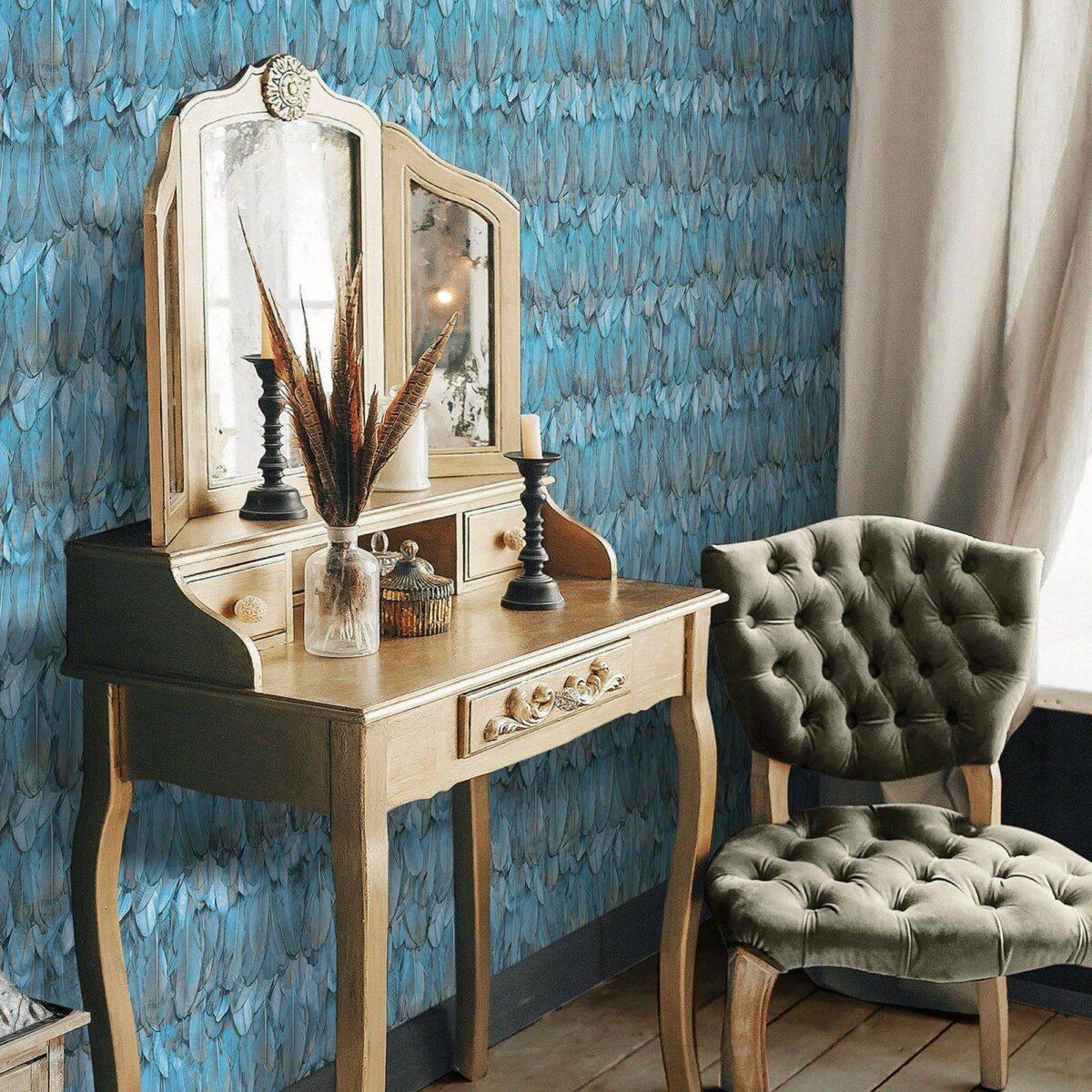 Modern Bird Feather Patterned Wallpaper Blue Code 9913-3 - Image 2
