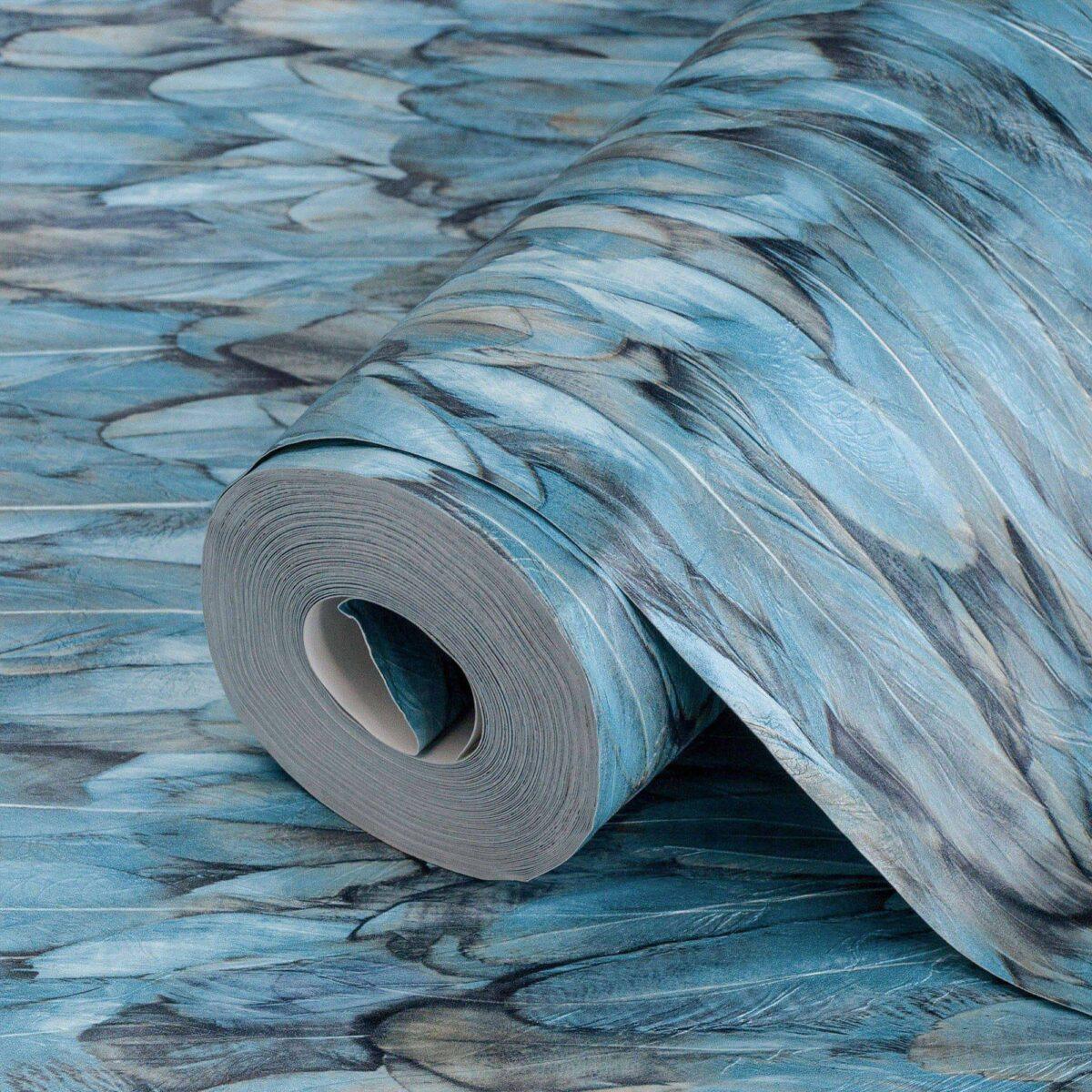 Modern Bird Feather Patterned Wallpaper Blue Code 9913-3 - Image 1