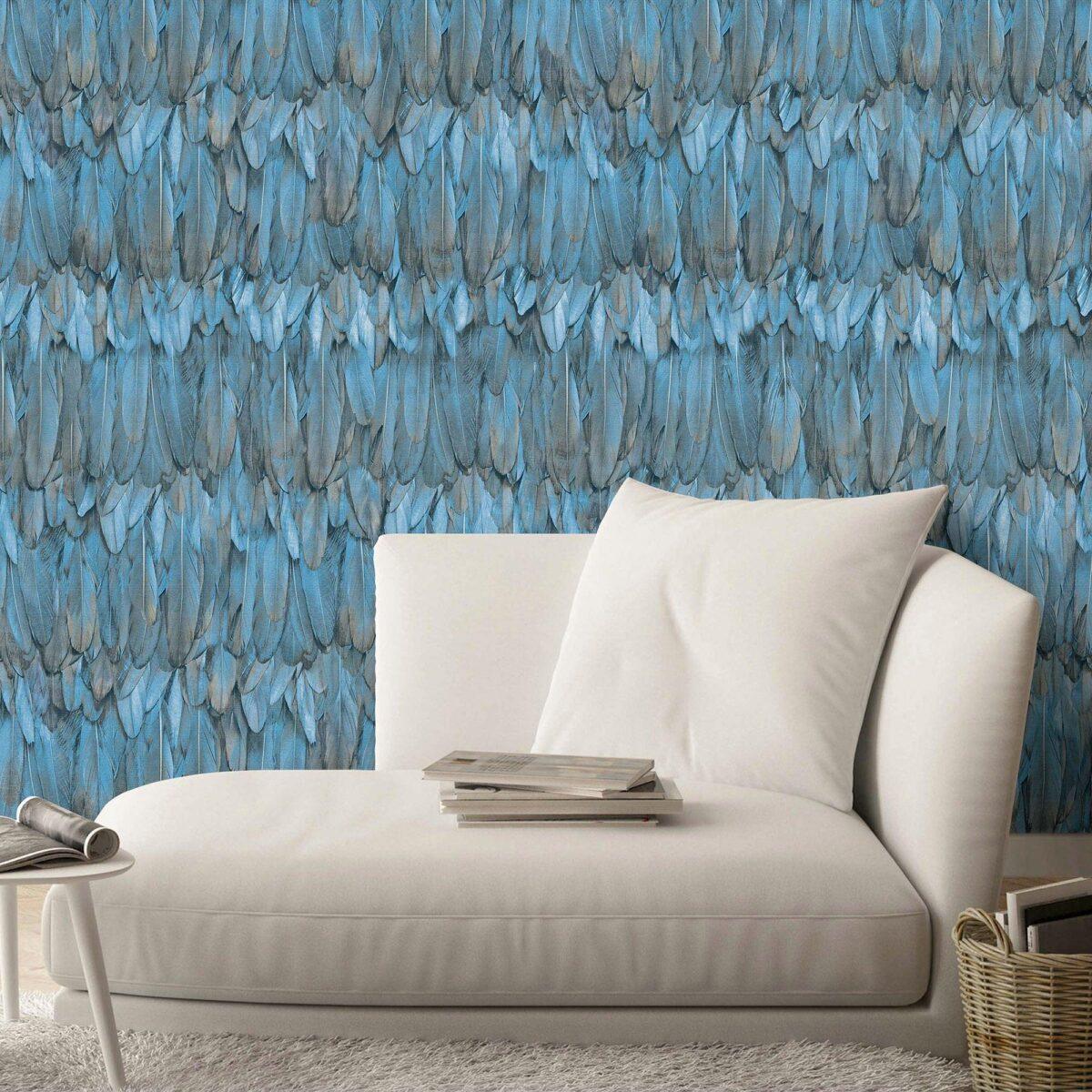 Modern Bird Feather Patterned Wallpaper Blue Code 9913-3 - Image 6