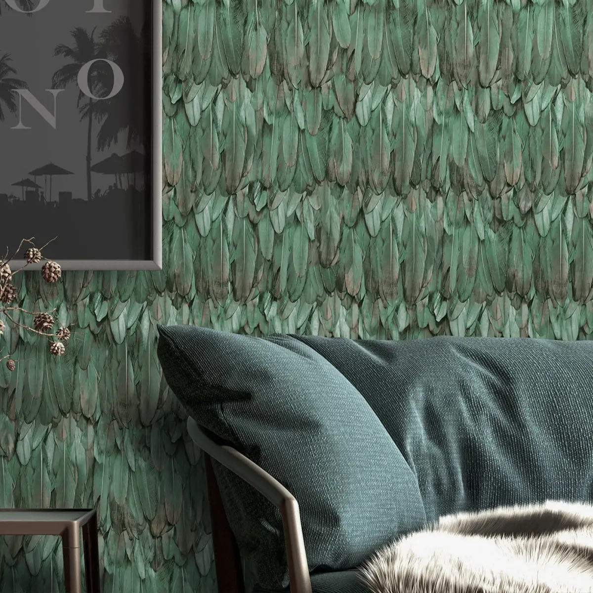 Modern Bird Feather Patterned Wallpaper Green Code 9913-4 - Image 2