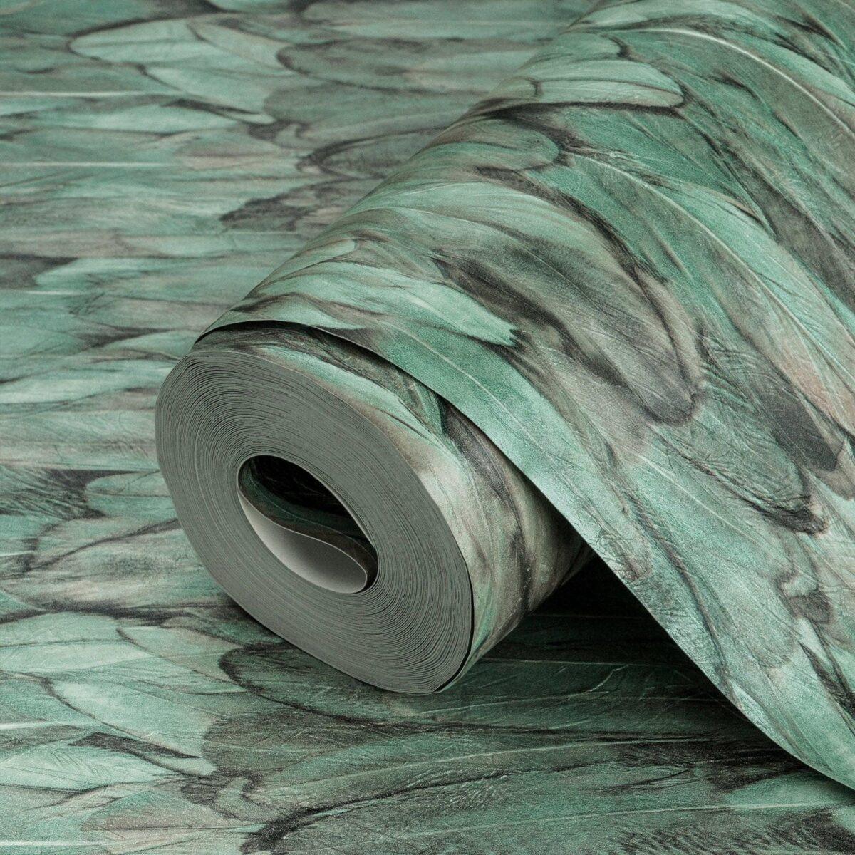Modern Bird Feather Patterned Wallpaper Green Code 9913-4 - Image 1