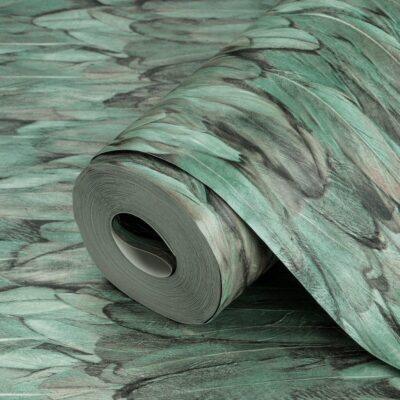 Modern Bird Feather Patterned Wallpaper Green Code 9913-4
