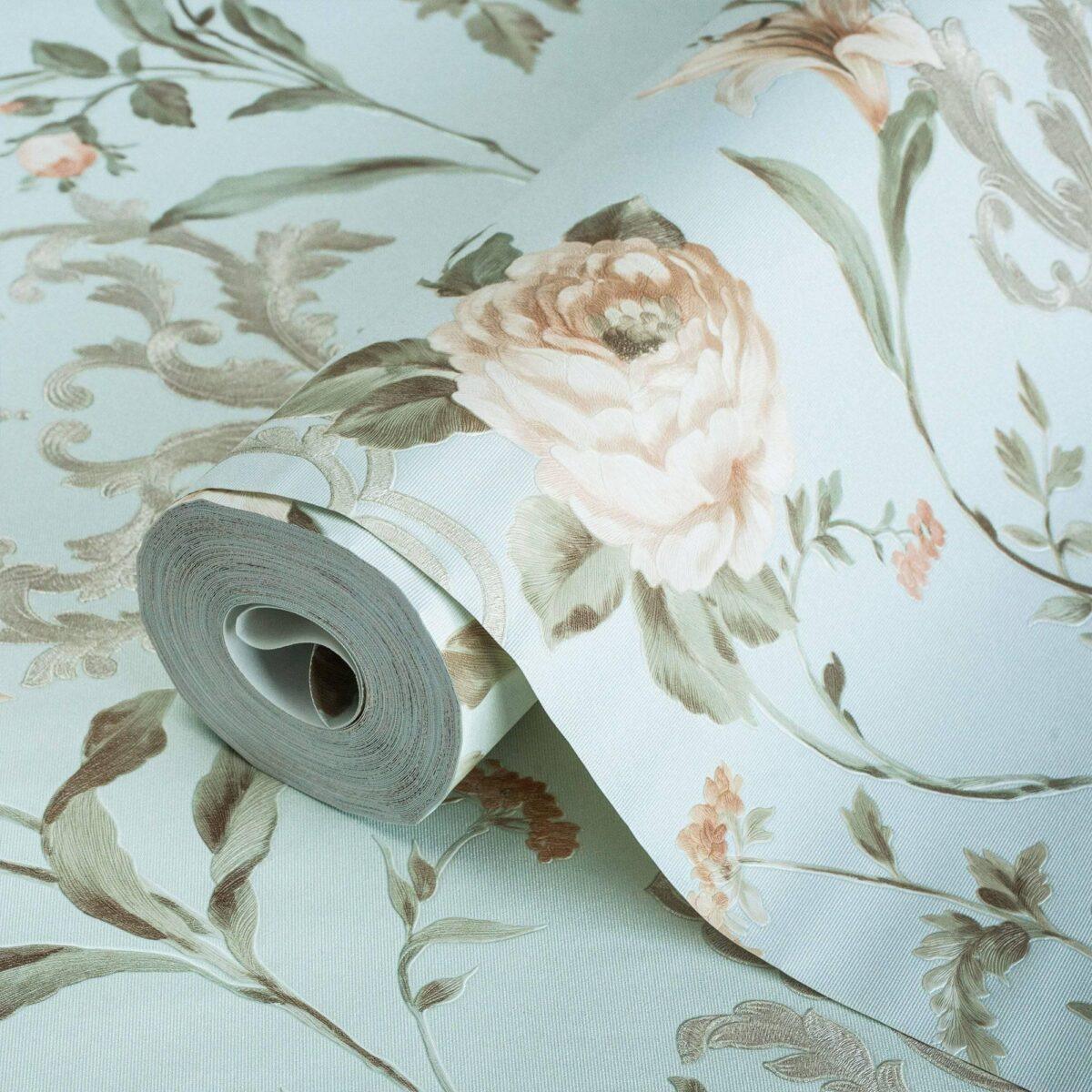Floral damask with blooming roses ornament wallpaper Blue Code 7803-2 - Image 1