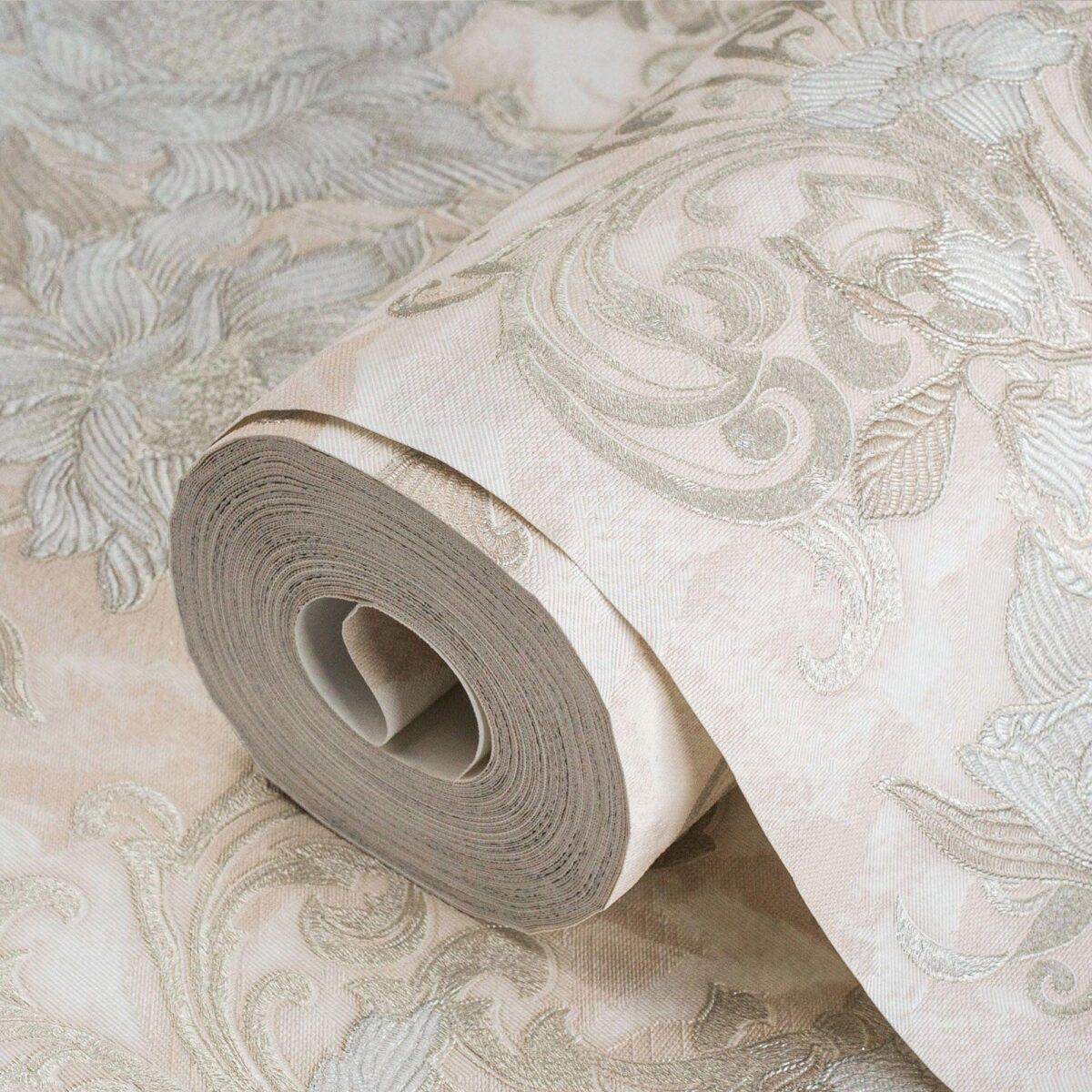 Floral detailed Rococo damask pattern wallpaper Cream Code 7805-1 - Image 1