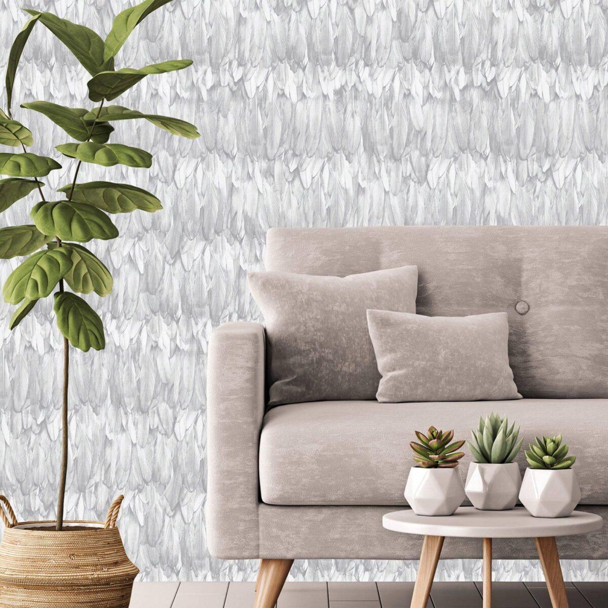 Modern Bird Feather Patterned Wallpaper White Code 9913-1 - Image 2