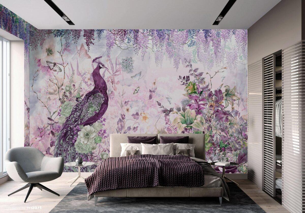 Colorful Peacock Design, VINYL FABRIC TEXTILE Wall Mural in Different Texture, Code A300. It is produced as ONE PIECE WITHOUT JOINT. - Image 5
