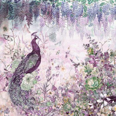 Colorful Peacock Design, VINYL FABRIC TEXTILE Wall Mural in Different Texture, Code A300. It is produced as ONE PIECE WITHOUT JOINT.