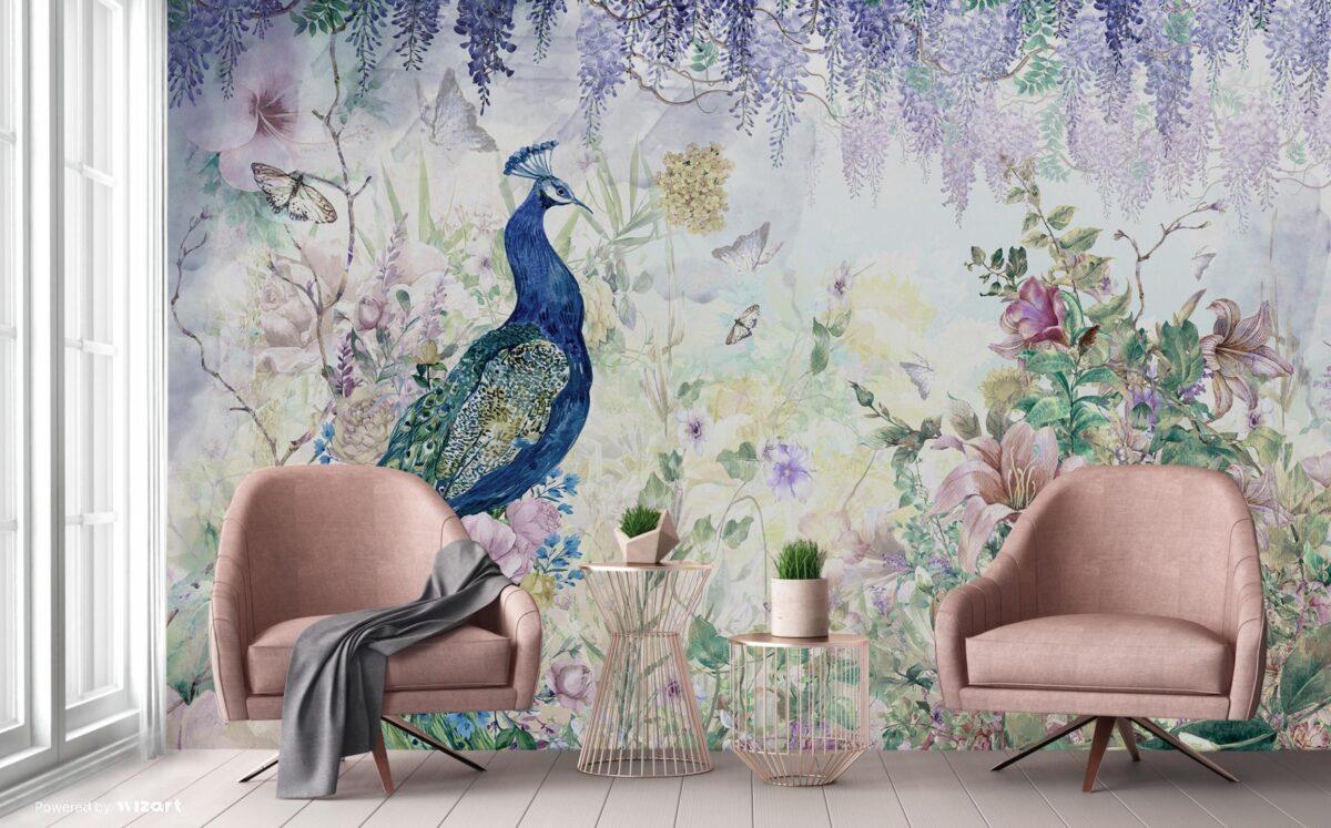 Colorful Peacock Design, VINYL FABRIC TEXTILE Wall Mural in Different Texture, Code A300. It is produced as ONE PIECE WITHOUT JOINT. - Image 6