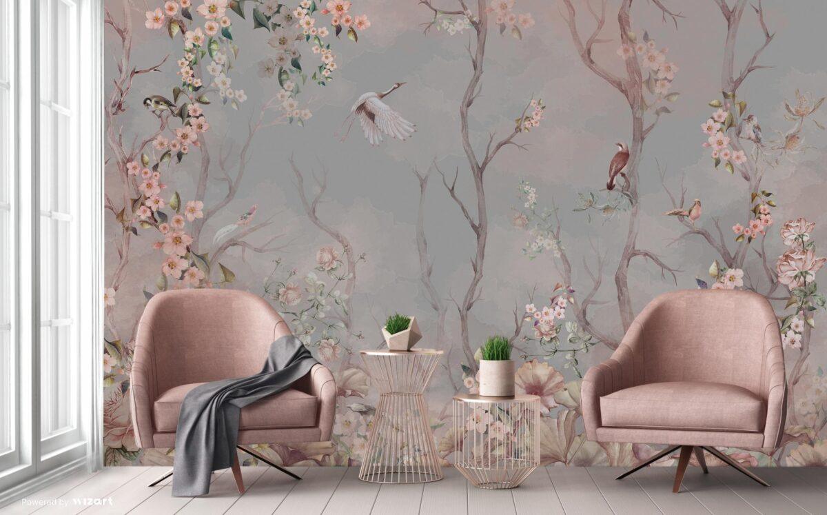 Flowers Pattern Design MURAL WALLPAPER, Available in Various Paper Texture, Code A305. It is Produced as 105 CM WIDE ROLL PANELS. - Image 5