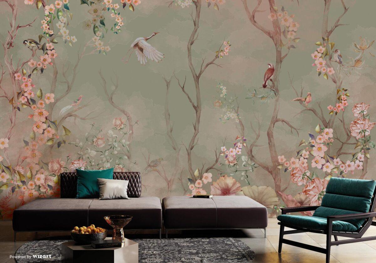 Flowers Pattern Design, VINYL FABRIC TEXTILE Wall Mural in Different Texture, Code A305. It is produced as ONE PIECE WITHOUT JOINT. - Image 5