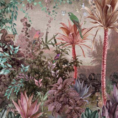 Squirrel and Parrot Design MURAL WALLPAPER, Available in Various Paper Texture, Code A315. It is Produced as 105 CM WIDE ROLL PANELS.