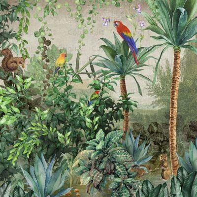Squirrel and Parrot Design, VINYL FABRIC TEXTILE Wall Mural in Different Texture, Code A315. It is produced as ONE PIECE WITHOUT JOINT.