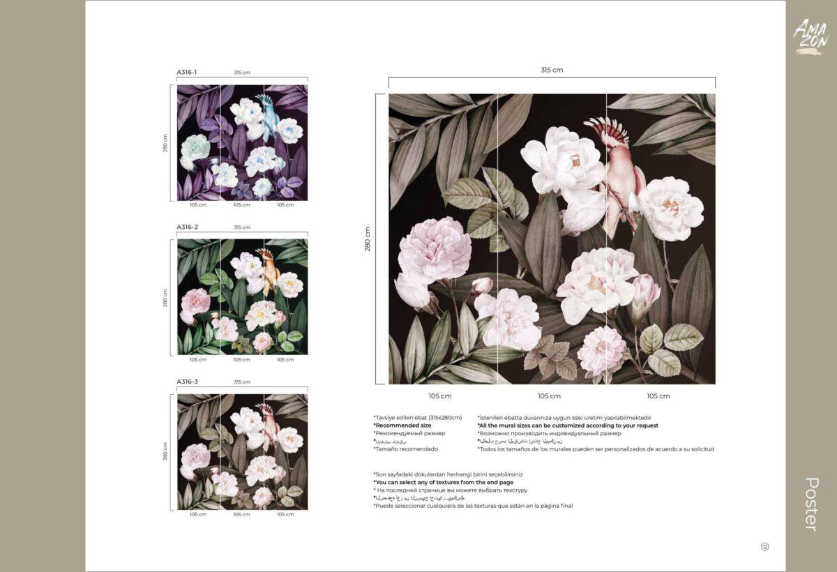Flower Pattern Design MURAL WALLPAPER, Available in Various Paper Texture, Code A316. It is Produced as 105 CM WIDE ROLL PANELS. - Image 7