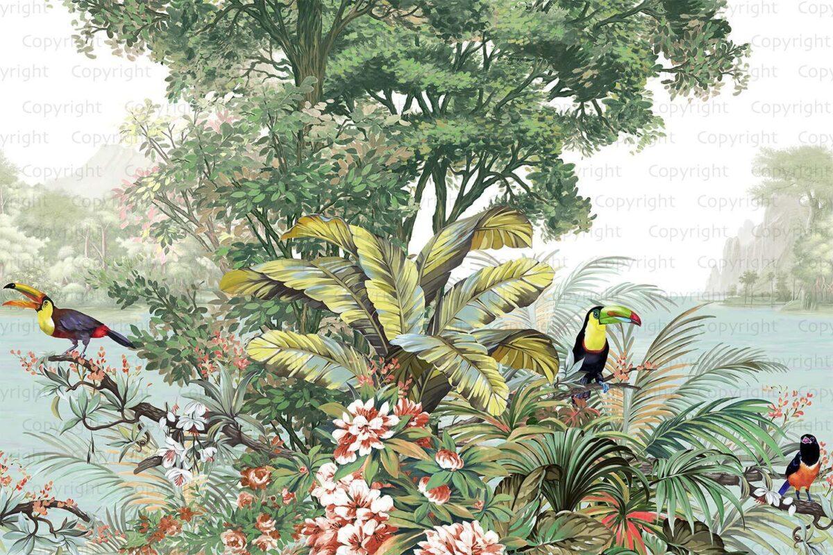 Parrot Design, VINYL FABRIC TEXTILE Wall Mural in Different Texture, Code A323.  It is produced as ONE PIECE without joint. - Image 1