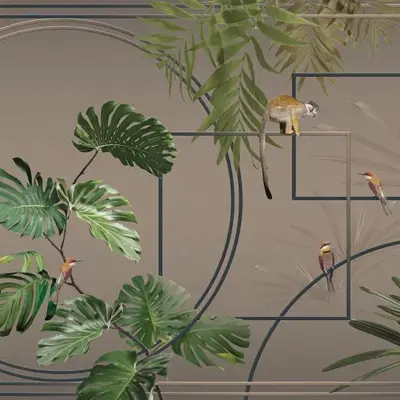 Monkey and Birds Design, VINYL FABRIC TEXTILE Wall Mural in Different Texture, Code FJ300.  It is produced as ONE PIECE WITHOUT JOINT.