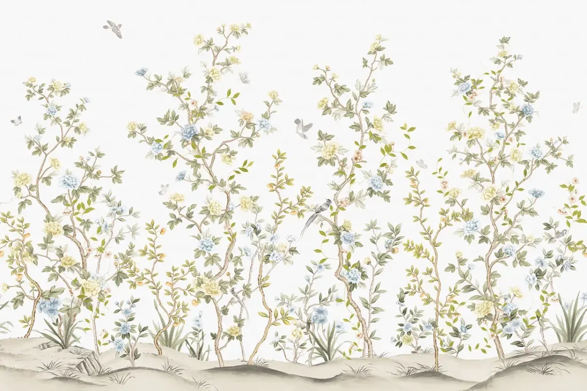 Flowers Pattern Design, VINYL FABRIC TEXTILE Wall Mural in Different Texture, Code FJ303.  It is produced as ONE PIECE WITHOUT JOINT. - Image 1