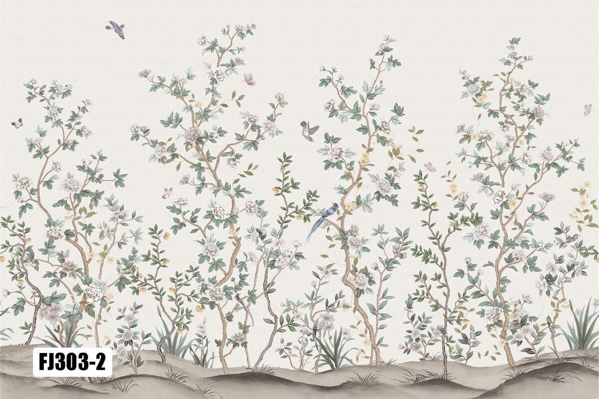 Flowers Pattern Design, VINYL FABRIC TEXTILE Wall Mural in Different Texture, Code FJ303.  It is produced as ONE PIECE WITHOUT JOINT. - Image 2