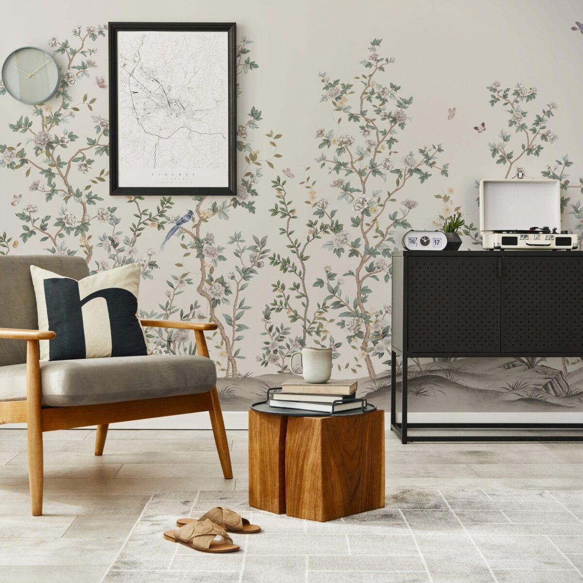 Flowers Pattern Design, VINYL FABRIC TEXTILE Wall Mural in Different Texture, Code FJ303.  It is produced as ONE PIECE WITHOUT JOINT. - Image 6