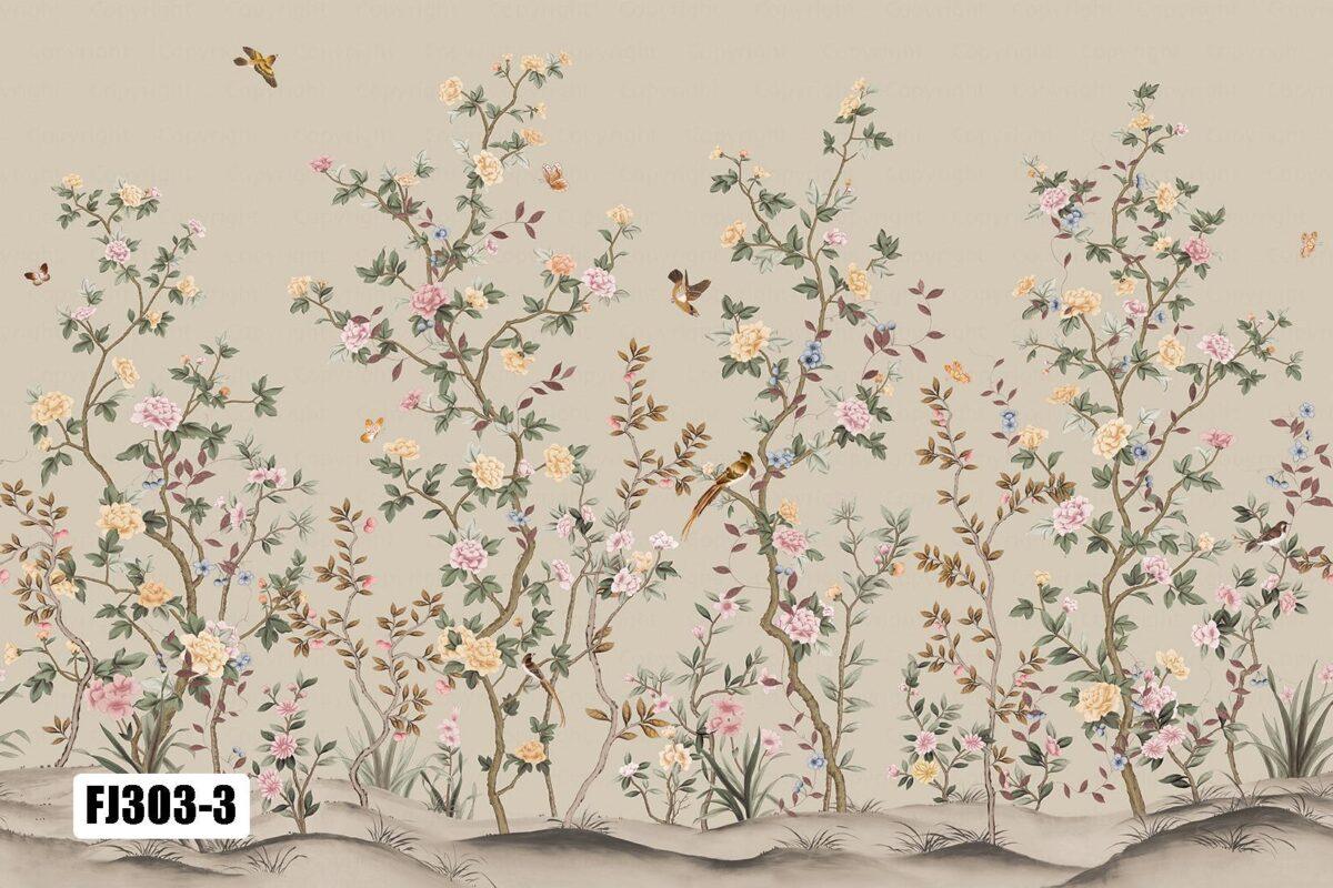 Flowers Pattern Design, VINYL FABRIC TEXTILE Wall Mural in Different Texture, Code FJ303.  It is produced as ONE PIECE WITHOUT JOINT. - Image 4