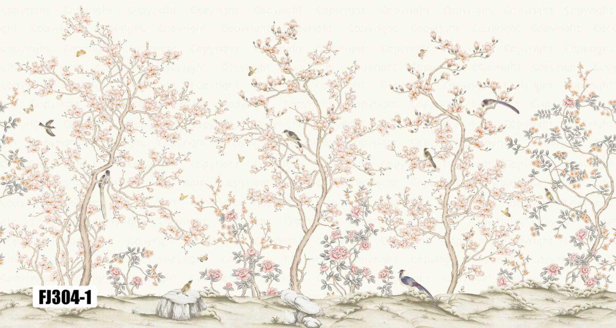 Flowers And Birds Pattern Design, VINYL FABRIC TEXTILE Wall Mural in Different Texture, Code FJ304.  It is produced as ONE PIECE WITHOUT JOINT. - Image 2