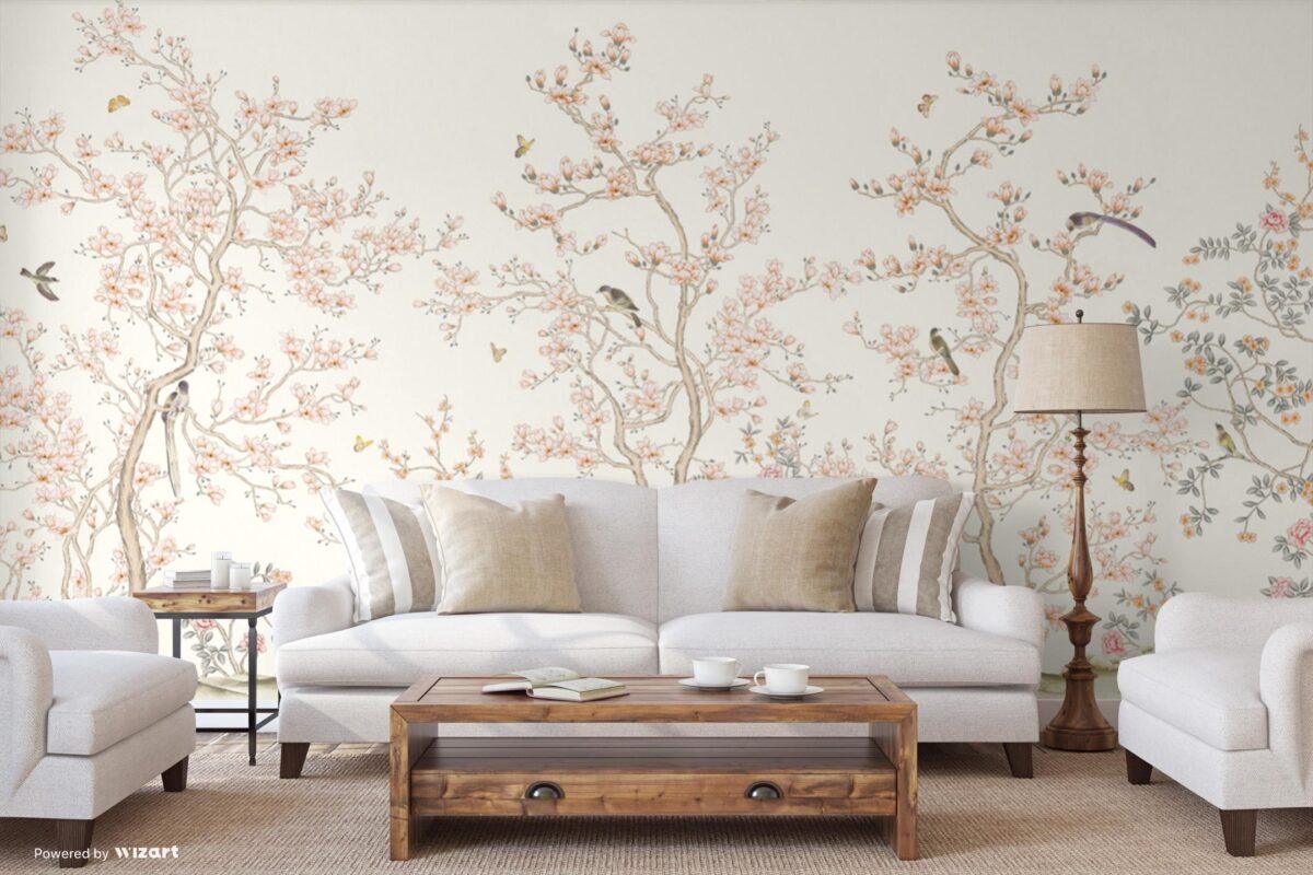 Flowers And Birds Design Mural WALLPAPER, Available in Various Paper Texture, Code FJ304. It is Produced as 105 CM WIDE ROLL PANELS. - Image 7