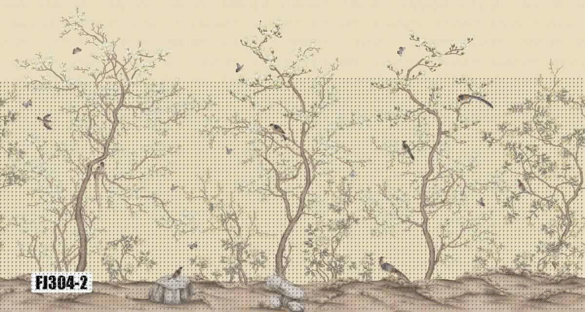 Flowers And Birds Pattern Design, VINYL FABRIC TEXTILE Wall Mural in Different Texture, Code FJ304.  It is produced as ONE PIECE WITHOUT JOINT. - Image 3