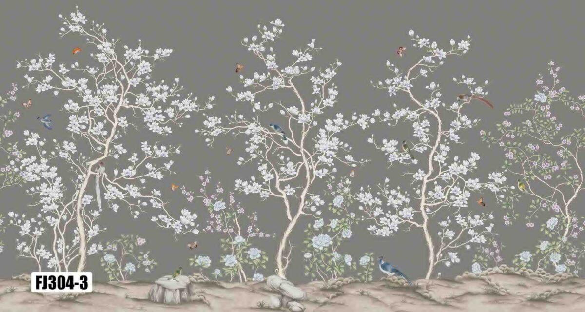Flowers And Birds Pattern Design, VINYL FABRIC TEXTILE Wall Mural in Different Texture, Code FJ304.  It is produced as ONE PIECE WITHOUT JOINT. - Image 4