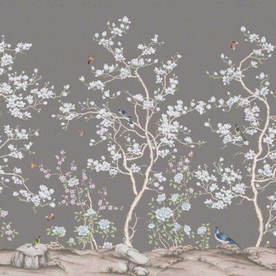 Flowers And Birds Pattern Design, VINYL FABRIC TEXTILE Wall Mural in Different Texture, Code FJ304.  It is produced as ONE PIECE WITHOUT JOINT.
