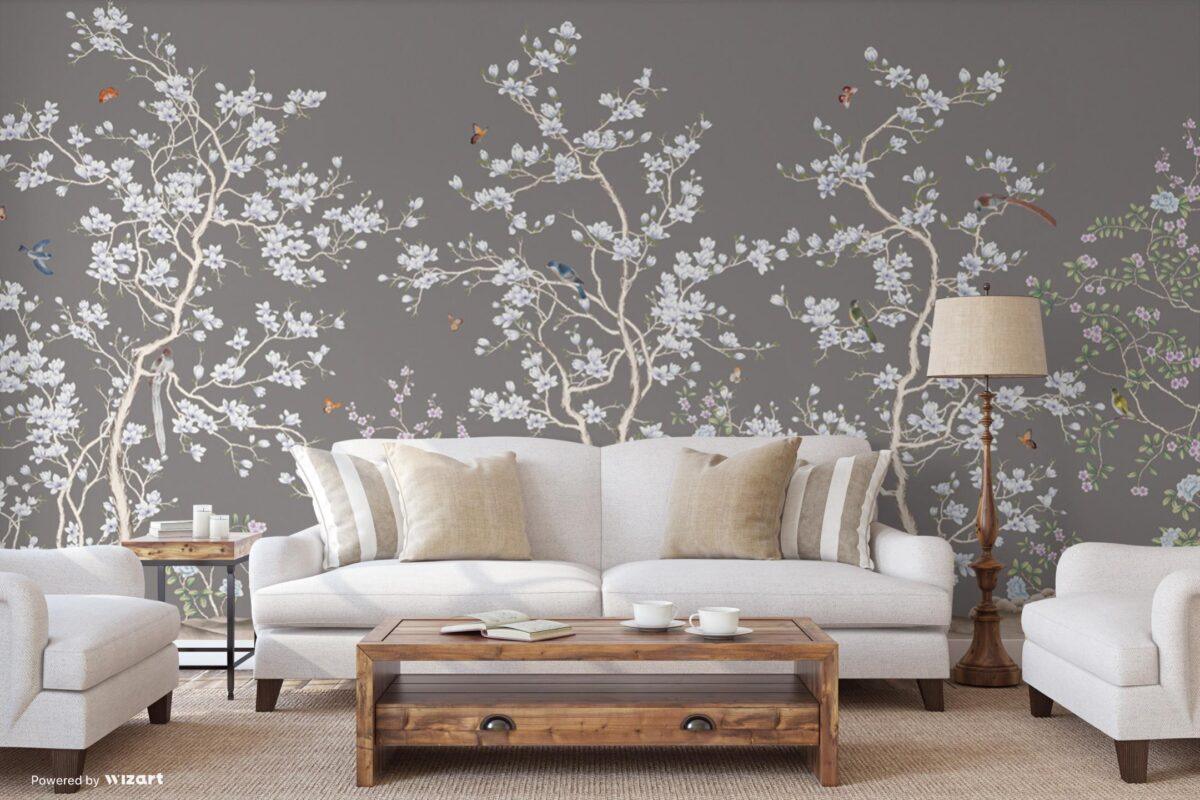 Flowers And Birds Pattern Design, VINYL FABRIC TEXTILE Wall Mural in Different Texture, Code FJ304.  It is produced as ONE PIECE WITHOUT JOINT. - Image 6